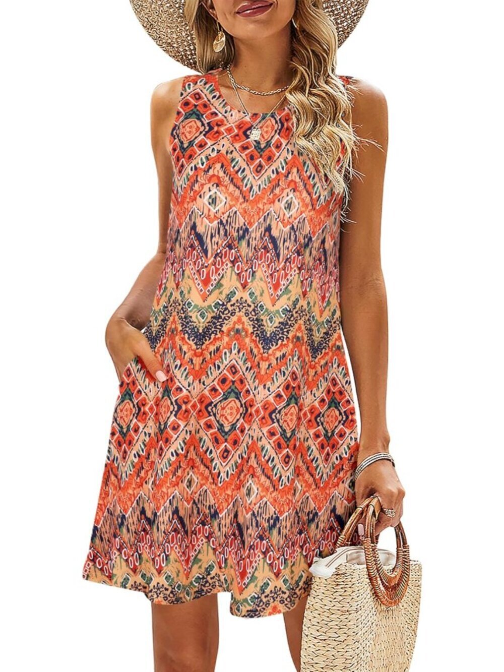 Summer Dresses for Women Beach Floral Tshirt Sundress Casual Pockets Boho Tank D